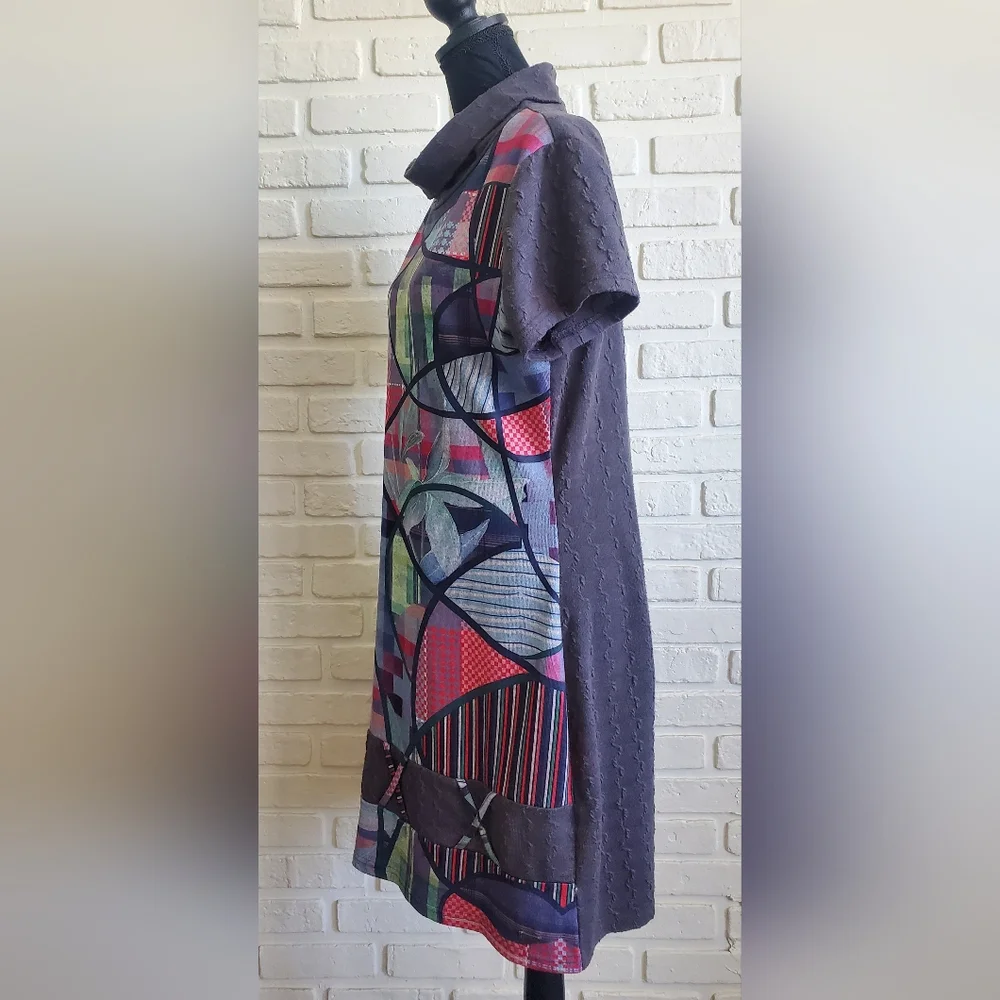 Smash! Abstract Patchwork Midi Cowl Neck Sweater Dress Short Sleeves Boho Hippie - Picture 9 of 16